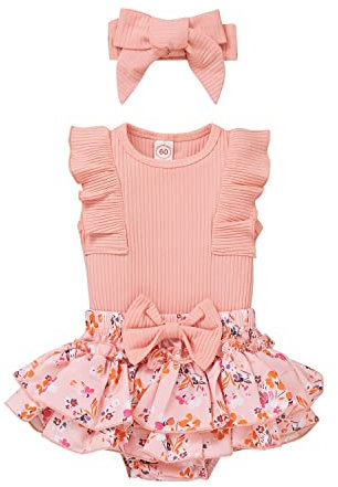 AIOIDI Completo Neonata Pagliaccetto Bambina Vestito Estivo Senza Maniche Set da 3 Pezzi,Rosa,6-12meses