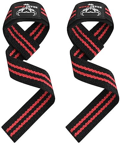 BEAST RAGE Zughilfen für Krafttraining (Fitness Straps) Kreuzheben Gurte Frauen Männer (Gepolstert) Gewichthebergurte Baumwolle Handgelenkstütze Griffe Hantel Bar (Lifting Straps) (Schwarz/Rot)