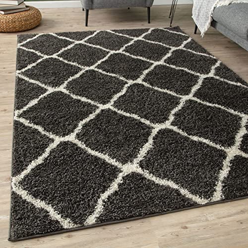 THE RUGS Shaggy Rug – Modern Moroccan Design Rugs for Living Room, Bedroom, Hallway, 3 cm Thick Area Rugs, (Moroccan Dark Grey/Ivory, 160x230cm)