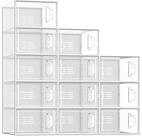 SEE SPRING 12 Stück Schuh-Aufbewahrungsboxen, Schuh-Organizer für Schrank, transparenter Kunststoff, stapelbare Schuhboxen, faltbarer Sneaker-Schuhbehälter, Mülltonnenhalter (transparent)