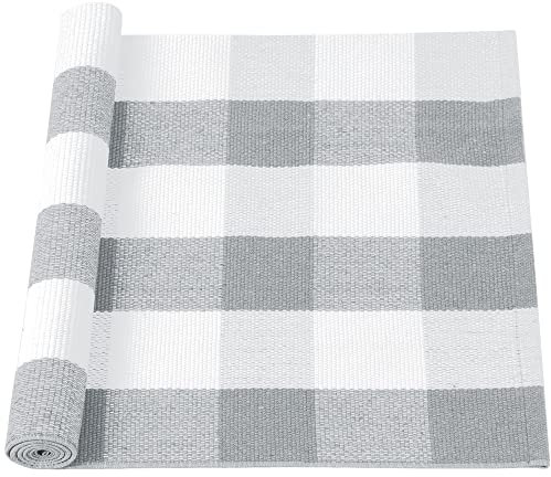 sourcing map Teppich Wohnzimmer Schlafzimmer Kinderzimmer Plaid aus Baumwolle für In- & Outdoor, gewebte, waschbare Buffalo-Teppich mit Karierten Matten Grau-Weiß 60x130cm