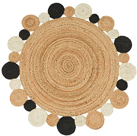 Paco Home Teppich Rund Wohnzimmer Jute Boho Ethno Muster Modern Handgefertigt Naturteppich, Grösse:80 cm Rund, Farbe:Schwarz 2