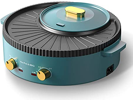 Electric Grill Pan With Hot Pot, 2-In-1 Bbq Hot Pot 1400W Multifunctional Large-Capacity Indoor Electric Baking Pan Hot Pot Barbecue Grill, Independent Dual Temperature Control Design,Blue,M Double