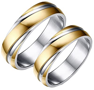 KnBoB 2 Stück Ringe Verlobungsringe, 6MM Partnerringe Edelstahl Gold Silber Bicolor Poliert Damen Gr.60 (19.1) & Herren Gr.54 (17.2)