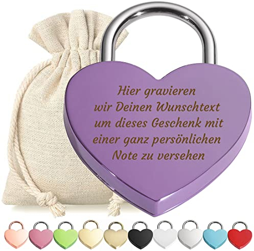 polar-effekt Herz Liebes-Schloss Bügelschloss Vorhängeschloss Lila Gravur mit Schlüssel - Wunschtext - Metall eloxiert - Geschenkbeutel - Geschenk Liebesgeschenk Valentinstag Jahrestag - Paar Ehepaar