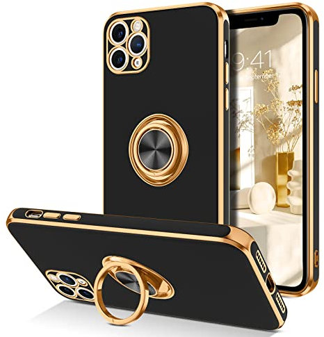 DOMAVER Case for iPhone 11 Pro Max with 360° Ring Holder, Shockproof Slim Kickstand Magnetic Support Car Mount Women Men Non-Slip Protective Phone Case for iPhone 11 Pro Max 6.5, Black/Gold