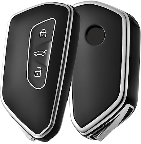 OATSBASF Autoschlüssel Hülle für VW, TPU Silikon Schlüsselhülle, kompatibel mit Golf 8, ID3, ID4, GTI, GTE, Seat Leon MK4, Tarraco, Ateca & Skoda Octavia (Silber Rand-Schwarz)