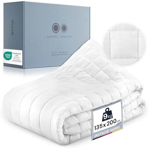 müüd® 9kg Gewichtsdecke 135x200 cm I schwere Decke zum Schlafen I Therapiedecke aus atmungsaktiver Baumwolle I Stressreduzierend & therapeutisch - mit Verpackungsbox + Tragegriff