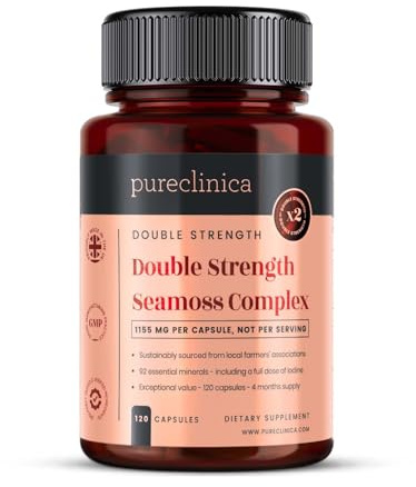 Pureclinica Seamoss-Komplex mit doppelter Stärke – 1155 mg x 120 Kapseln (Vorrat für 4 Monate) – mit 500 mg Seamoss, Blasentang und Klettenwurzel