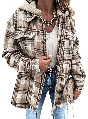 YUTILA Damen Kariert Hemdjacke Langarm Lockere Holzfällerjacke Oversized Kapuze Mit Taschen Knopfleiste