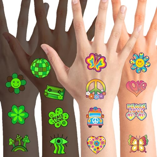 Qpout 96pcs Glow In The Dark Hippie Tattoos Aufkleber Groovy 70er 80er 90er Jahre Temporäre Tattoos für Kinder, wasserdichte Liebe und Frieden leuchtende Gesichtstattoos Flower Power Hippie Party