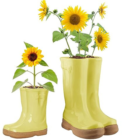 Dibor Set of 2 Flower Pot Planters - Small & Large Wellington Boot Plant Pot Gift Set (Yellow)
