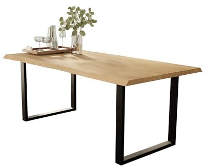 Liadomo Esstisch 120x80 Isa Natur, Baumkantentisch, Akazie Massivholz Tisch, 26mm Tischplatte Lackiert, Robust & Pflegeleicht, Unikat, U-Gestell Metall schwarz