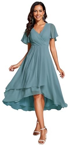 Ever-Pretty Brautjungfernkleid Asymmetrisches High Low A-Linie V Ausschnitt Rüschenärmel Elegante Ballkleid Staubiges Blau 40