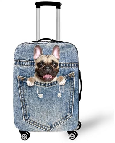 Highdi Kofferhülle, 3D Denim Katzen Hunde Elastisch Reise Kofferschutzhülle Reisekoffer Koffer Schutzhülle, Kofferhülle Kofferschutzhülle, Kratzfest Kofferschutz (Mops,M (22-24 Zoll))