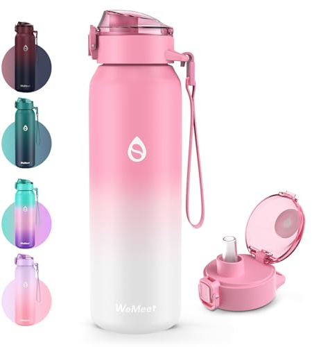 WEMEET - Botella de 700 ml con pajita extraíble, en acero inoxidable 18/10, tapa de tritán a prueba de fugas de doble pared, para exteriores, deportes, trabajo, gimnasio (rosa, blanco)