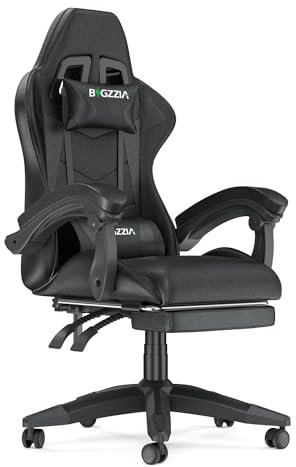 bigzzia Gaming Chair with Footrest and Ergonomic Computer Chair Reclining PU Leather High Back Video Game Chair with Headrest Adjustable Lumbar Support Linkage Armrest for Adults (Black)