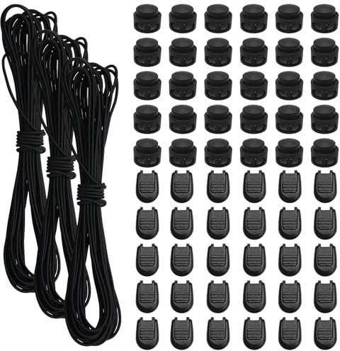 3 Pezzi Corda Elastica 10m Corda Elastica in Gomma 3mm Filo Elastico Rotondo con 30 Cerniere Lampo 30 Doppio Foro Primavera Nero per Valigie Zaino Lacci per Scarpe Campeggio