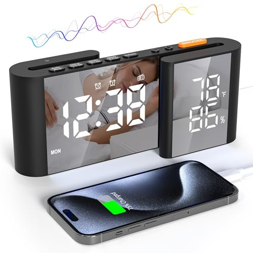 Lancoon Despertador Digital Radio Reloj con Visualización Temperatura y Humedad 15 Niveles de Volumen Brillo Ajustable Blanco-Negro