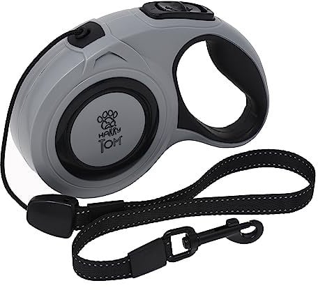 HarryTom Premium Retractable Dog Lead Tangle Free Cord For Dogs up to 20kg - 8m Long Extendable Dog Lead - Reflective with One Button Lock, Release, Pause (GREY)