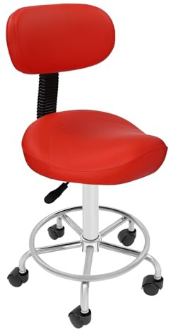Sattelhocker Arbeitshocker Hebe-Sattel-Hocker Rollhocker - Höhenverstellbar mit Rollen & Rückenlehne 360 ° Drehung Sattelsitz bürostuhl - Ergonomischer Praxishocker Max Tragfähigkeit: 150 kg (Rot)