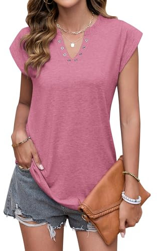 PLOKNRD T-Shirt à Manches Courtes Femme D'été Tops Col en V Décontracté Hauts Femme Chic et Élégant (Rose,L)