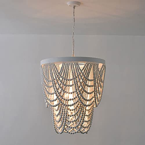 ZERAPH Kronleuchter aus Holzperlen im böhmischen Stil, 2 Lagen hängende Perlen, 3 E27-Perlen-Kronleuchter für den Innenbereich, personalisierte Lampen in Blanc, Shabby Chic, Rustikal, 50 cm x 51 cm