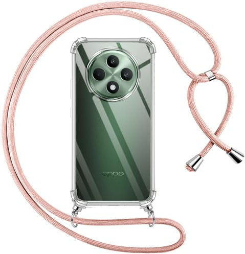 Pnakqil Handyband für Oppo Reno 12 FS(5G/4G)/Oppo Reno 12F(5G/4G) Hülle mit Band, Transparent Weich Silikon mit Kordel Necklace Schnur Anti-Fall Bumper Schutzhülle Case 6.67, Rosa