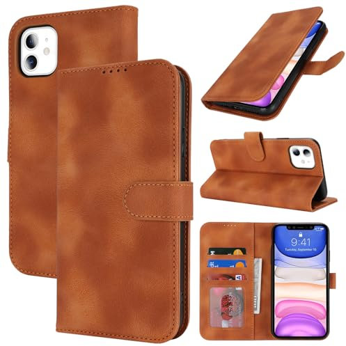 Zouzt Hülle für iPhone 11 6,1-Zoll, Stoßfestes PU Leder Handyhülle Lederhülle Klapphülle mit Kartenhalter und Standfunktion Flip Leather Wallet Phone Cover (Vintage Hellbraun)