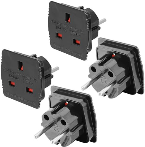 Welsberg 4 Adaptadores de Viaje de Reino Unido a EU, Adaptador de Enchufe Británico a Español, de 3 Pines UK a 2 Pines Europeos, Juego de Adaptadores para Europa, España, Francia, Alemania, Negro