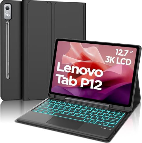 SENGBIRCH Cover con Tastiera per Lenovo Tab P12 12,7 2023, Custodia per Lenovo Tab P12 con Tastiera, 7 Colori Retroilluminati Italiano Rimovibile Tastiera con Trackpad Bluetooth Wireless, Nero