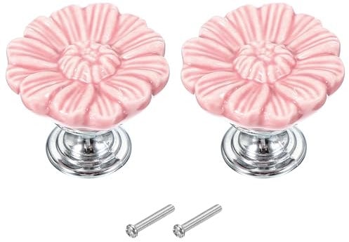 PATIKIL Vintage Floral Knobs, 1-5/16 Pink Ceramic & Zinc Alloy, 2 Pack with Screws for Kitchen, Bathroom, Cupboard & Wardrobe