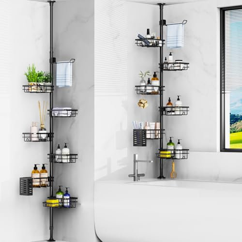 Mixoo Teleskop Duschregal-Duschablage Ohne Bohren mit 6 Stück Duschkorb, 30.5-111.9in Teleskopregal für Dusche und Badewanne, Bad Organizer mit Handtuchstange, Seifendose, Zahnbürstenhalter