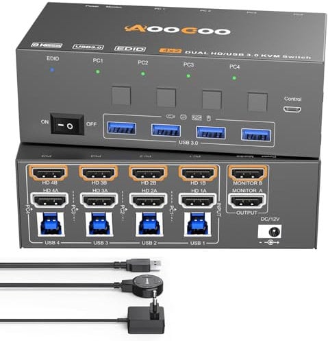 KVM Switch 4 PC 2 Monitore 8K@60Hz/4K@144 Hz Dual Monitore HDMI KVM Switches Mit EDID Funktion kabelgebundener Fernbedienung, Netzteil und USB3.0 Kabel im Lieferumfang enthalte