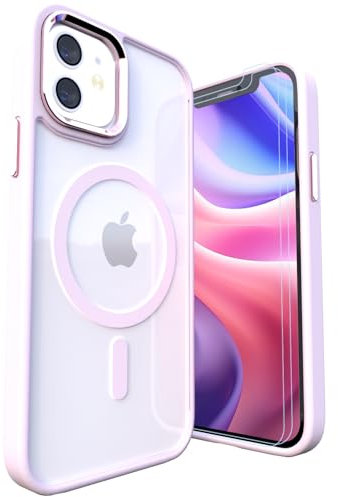 LUNOVATE Case for iPhone 12/12 Pro, [Anti-Yellow] Magnetic Clear Cover with TPU Bumper, Transparent PC Back + 2 Screen Protectors, Shockproof Phone Case for iPhone 12 & iPhone 12 Pro 6.1 Inch - Pink