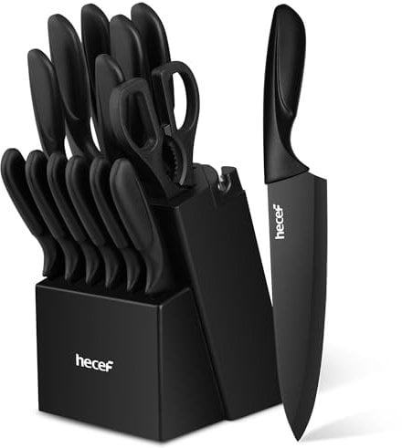 hecef 15 Pieces Professional Knife Block Set with Built-in Sharpener – Featuring Non-Stick Coating Blades & Ergonomic Handle for Precision & Comfort