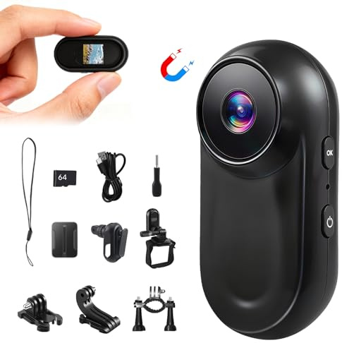 Mini Action Cam mit 64G Speicherkarte, 1080P HD und 130° Weitwinkel, Tragbare Kabellose Magnet Actionkamera Helmkamera Bodycam Haustier Kamera für Outdoor Sportarten, mit Multifunctional Accessories