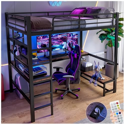Lubvtti Letto a soppalco 90x200,con scrivania,presa USB+TYPE-C,striscia LED, ripiani,pannello forato,letto a castello per bambini,struttura letto per bambini in ferro (B-Nero)