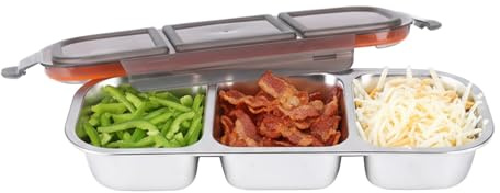 Punorric Stainless Steel Pizza Topping Station, 3 Compartments Condiment Caddy with Lid, Multifunctional Condiment Tray with Lid, Reusable Container for Kitchen or Restaurant, Pizza Accessories