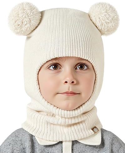 KAKU NANU Kinder Balaclava Schlupfmütze mit 2 Bommeln-Warme Strickmütze für Jungen & Mädchen (2-8 Jahre)-8 Farben:Rot,Blau,Beige,Rosa,Schwarz,Grau,Khaki