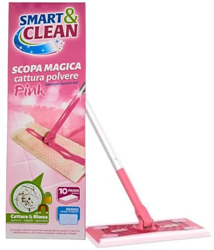 Smart & Clean Scopa Magica Cattura Polvere con 10 Panni Inclusi, Rosa Pink, per Pavimenti Peli Sporco e Capelli