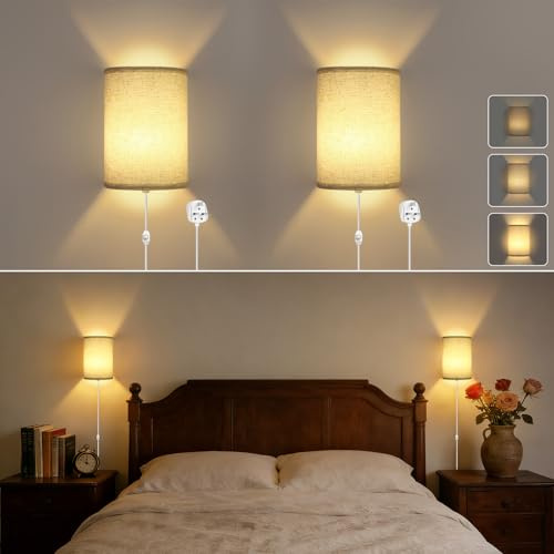 Lampop Plug in Wall Lights for Bedroom, E27 Dimmable Wall Lights Set of 2 | Beige Fabric Shade, Modern Wall Lamps for Living Room Hallway Reading, 1.7m Cable, Bulb Not Included