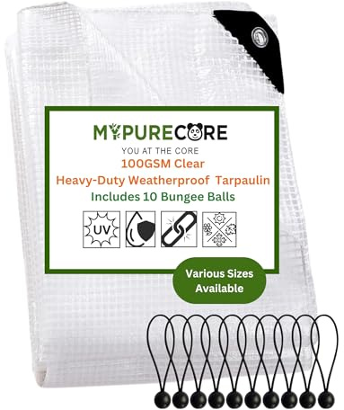 MYPURECORE Clear Weatherproof Tarpaulin 100GSM with 10 Bungee Balls – Heavy Duty Weatherproof Tarpaulin with Reinforced Edges & Eyelets – Transparent Tarp for Garden & Outdoor Use (2m x 3m)