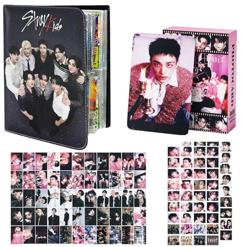 WENAUANG Stray Schwarz Photocard Binder Karten Set, 55 Karten + Aufkleber, SKZ Photocards 200 Holder, Stray Sammelkarten Album 200 Taschen, Kpop Merch Geschenke für STAY