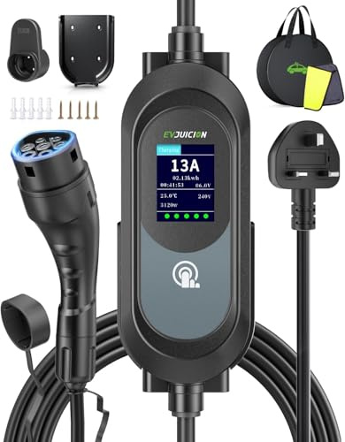 Evjuicion 3 Pin Plug EV Charger, 6M 3.1kW 6-13A Portable Electric Car Charger, 3 Pin EV Charger up to 12H Delayed Start Charging, 2.4″ LED Screen, IP67 for EVs & PHEV