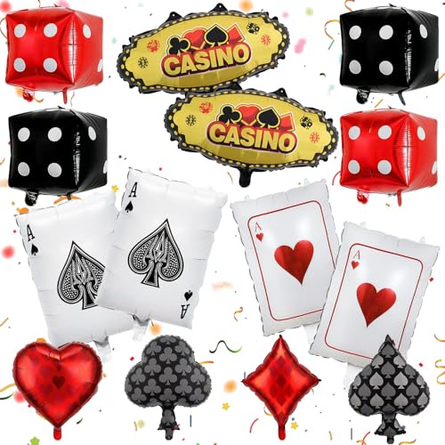 Casino Deko Party Luftballons Set, 14-teilige Casino Würfelballons | Partydekorationen im Las Vegas Stil, Partydekorationen in Schwarz und Rot für ein Pokerspiel