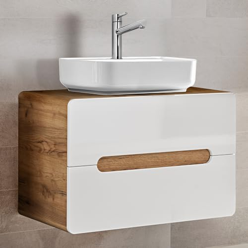 Lomadox Badezimmer Waschtisch Set 80 cm Waschtischunterschrank weiß Hochglanz mit Wotan Eiche Nb. & 51 cm Keramik-Waschbecken