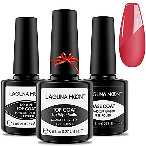 LagunaMoon Gel Top Coat and Base Coat, Matte Top Coat Gel Polish, 8ml Gel Base and No Wipe Top Coat Nail Varnish Set, Soak off UV LED Glossy Top and Base Coat for DIY Nail Art Manicure