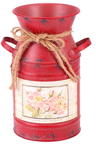 Milisten Vintage Dekorative Krugvase Metall Verzinkte Blumenvase für Künstliche Getrocknete Blumen Rustikales Bauernhaus (Rot)