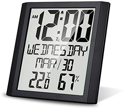 Lancoon Orologio da parete con grande schermo digitale, temperatura e umidità interne con display TN, tempo di viaggio muto adatto per soggiorno, camera da letto, ufficio